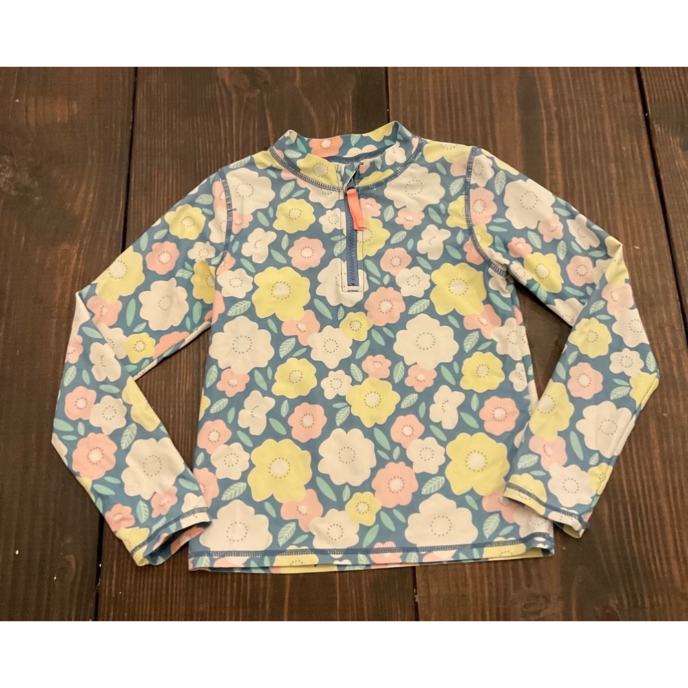 Girls Ruffle Butts Swimsuit top rash guard size 8 Blue Yellow floral